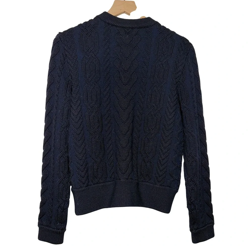 Tory Burch Navy Blue Merino Wool Cable Knit Zip Up Bomber Cardigan‎ Sweater S